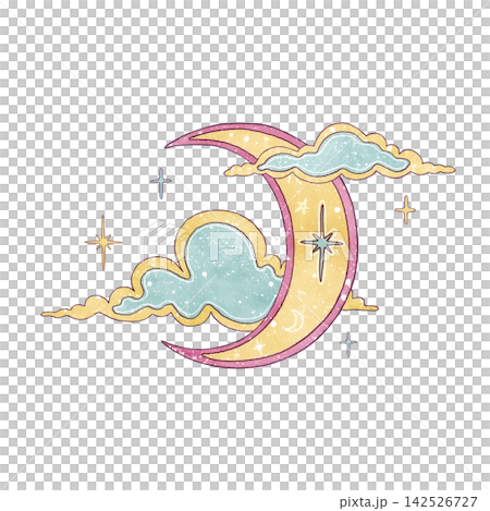 Watercolor esoteric cute illustration pastel crescent moon, mint clouds and stars isolated on white background. Night sky hand drawn clip art in cartoon style for stickers, baby merch, nursery design 142526727