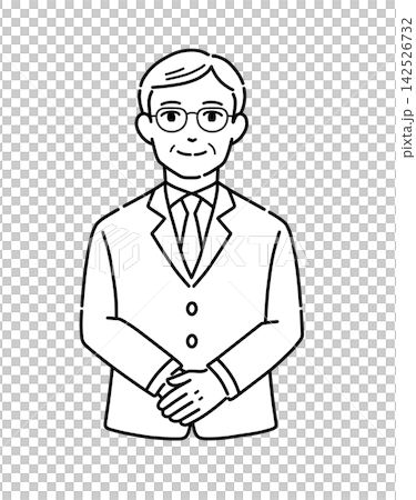 Illustration of a senior man in a suit bowing with his hands clasped - monochrome 1 Illustration of a senior man in a suit bowing with his hands clasped - monochrome 1 142526732