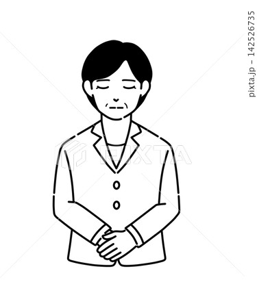 手を組んでお辞儀をするスーツのシニア女性のイラスト素材　モノクロ2 142526735