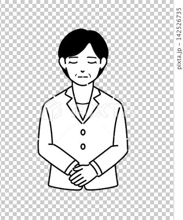 手を組んでお辞儀をするスーツのシニア女性のイラスト素材　モノクロ2 142526735