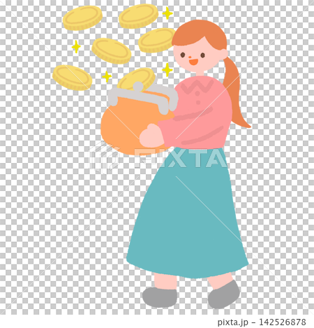 一幅插圖，描繪了一位女士因為錢包裡的錢多了而高興的情景。 142526878