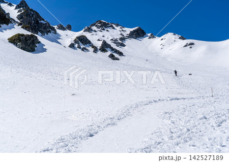 北穂沢の登山ルートから見上げる北穂高岳山頂とインゼル　初夏残雪期の北アルプス北穂高岳登山 142527189