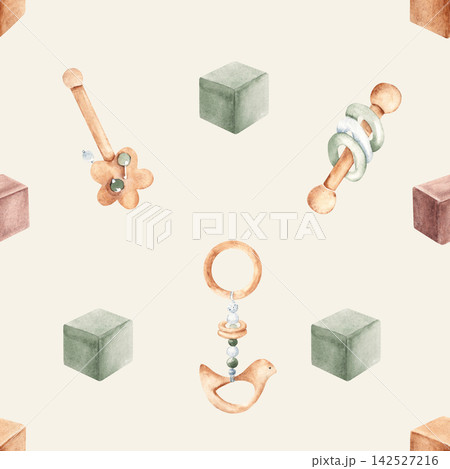 Baby seamless pattern. Watercolor wooden toys and rattles on a beige pastel background. Suitable for fabric, textile, wallpaper, wrapping paper and baby shower designs. Baby seamless pattern. Watercolor wooden toys and rattles on a beige pastel background. Suitable for fabric, textile, wallpaper, wrapping paper and baby shower designs. 142527216