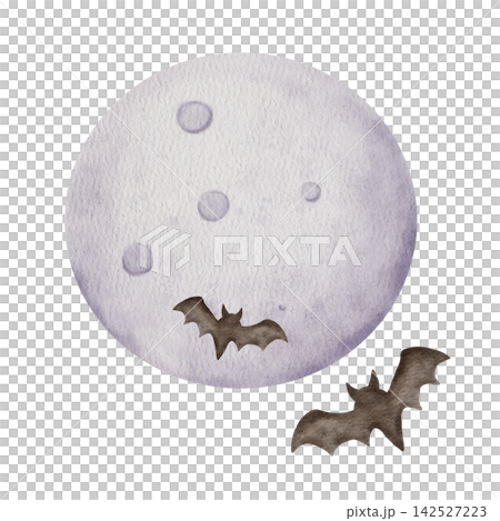 Watercolor Halloween Full Moon with Flying Bats, Hand Painted Spooky Night composition Isolated on White Background Watercolor Halloween Full Moon with Flying Bats, Hand Painted Spooky Night composition Isolated on White Background 142527223