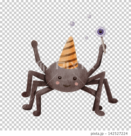 Cute Watercolor Halloween Spider in Striped Party Hat Holding Eyeball Wand, Playful Spooky Character Isolated on White Cute Watercolor Halloween Spider in Striped Party Hat Holding Eyeball Wand, Playful Spooky Character Isolated on White 142527224