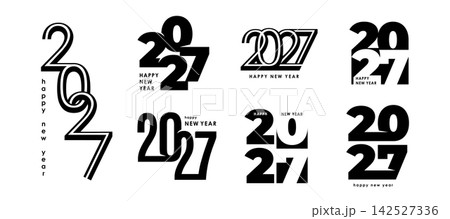 2027 Happy New Year typography logo set with modern minimal numbers. Black and white, monochrome vector typography layouts isolated on white background for posters, cards, banners, calendar covers 2027 Happy New Year typography logo set with modern minimal numbers. Black and white, monochrome vector typography layouts isolated on white background for posters, cards, banners, calendar covers 142527336