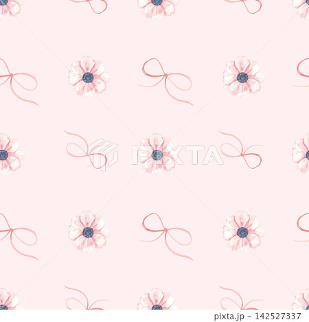 Watercolor anemone flowers and bows baby girl seamless pattern. Hand drawn illustration on a pink background. Perfect for fabric, textile, wrapping paper, wallpaper and baby shower design. Watercolor anemone flowers and bows baby girl seamless pattern. Hand drawn illustration on a pink background. Perfect for fabric, textile, wrapping paper, wallpaper and baby shower design. 142527337