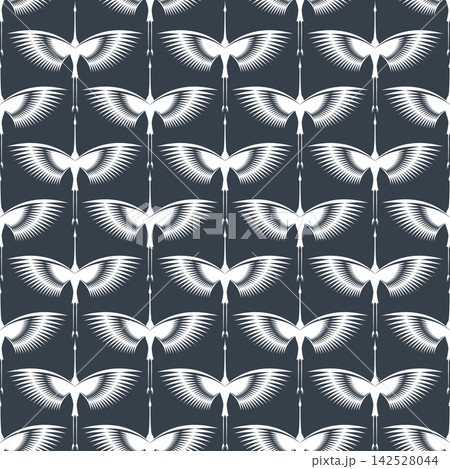 White Herons in Art Deco style. Seamless Pattern for interior decoration, textiles. Fashionable home decor. Abstract flying bird vector illustration texture isolated on blue navy vintage background White Herons in Art Deco style. Seamless Pattern for interior decoration, textiles. Fashionable home decor. Abstract flying bird vector illustration texture isolated on blue navy vintage background 142528044