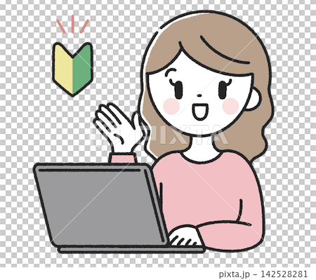 A woman with a beginner driver's sticker giving instructions in front of a computer. A woman with a beginner driver's sticker giving instructions in front of a computer. 142528281