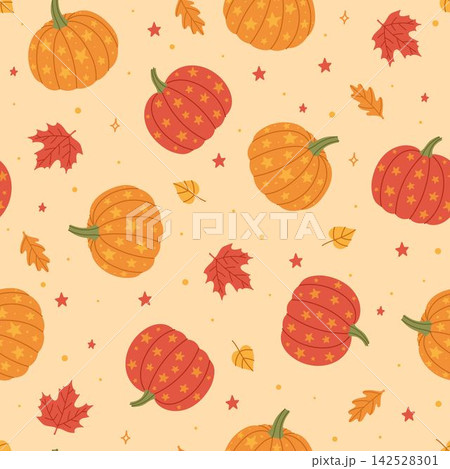 Autumn seamless pattern with pumpkins, stars and colorful leaves. Autumn seamless pattern with pumpkins, stars and colorful leaves. 142528301
