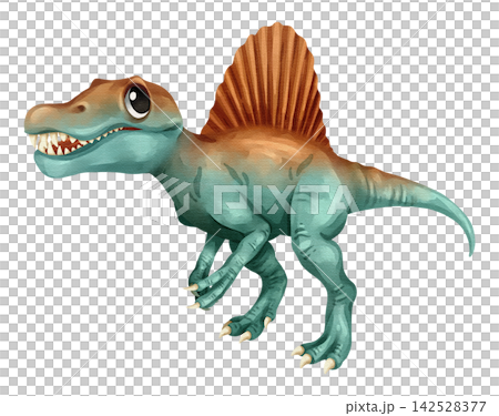 Watercolor spinosaurus dinosaur isolated PNG file, featuring a cute hand-drawn sail-backed prehistoric carnivorous creature character on a transparent background. Watercolor spinosaurus dinosaur isolated PNG file, featuring a cute hand-drawn sail-backed prehistoric carnivorous creature character on a transparent background. 142528377