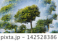 Central green tree surrounded by layered translucent foliage and repeated tree forms, creating surreal multiple exposure effect with colorful optical distortion 142528386