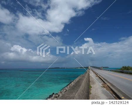 古島・池間大橋へ続く海沿いの一本道。雄大な夏雲と宮古ブルーのグラデーション 古島・池間大橋へ続く海沿いの一本道。雄大な夏雲と宮古ブルーのグラデーション 142529124