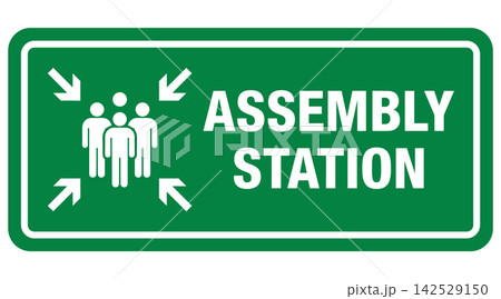 Assembly station green sign vector illustration with people symbols and directional arrows for emergency safety Assembly station green sign vector illustration with people symbols and directional arrows for emergency safety 142529150