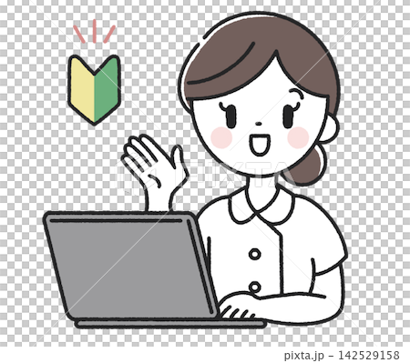 A female nurse giving instructions in front of a computer, with a beginner driver's mark on her driver's license. 142529158