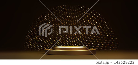 Golden 3D podium with dot light circle on black 142529222