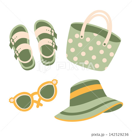 Set of green summer beach accessories. Sunglasses, hat, sandals and beach bag. Vacation items illustration. 142529236
