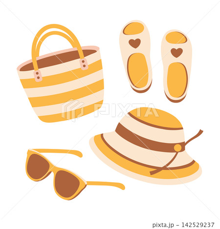 Set of yellow beige summer beach accessories. Sunglasses, hat, sandals and beach bag. Vacation items illustration. 142529237