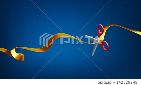 Grand opening banner with gold ribbon and scissors 142529249