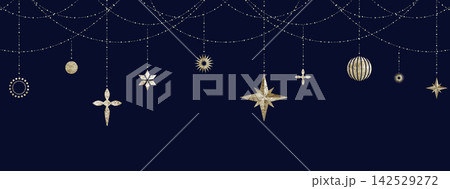 クリスマスやパーティー用のゴールドの天井飾りのイラスト。オーナメント。 クリスマスやパーティー用のゴールドの天井飾りのイラスト。オーナメント。 142529272