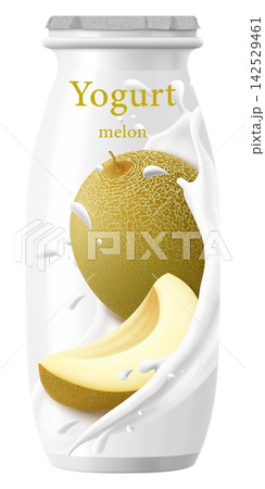 Plastic bottle with drinkable melon yogurt with Foil Cap. Dairy product. melon -flavored yogurt. Healthy snack. Closed jar for fermented milk food. White container mockup. Realistic 3D vector design Plastic bottle with drinkable melon yogurt with Foil Cap. Dairy product. melon -flavored yogurt. Healthy snack. Closed jar for fermented milk food. White container mockup. Realistic 3D vector design 142529461