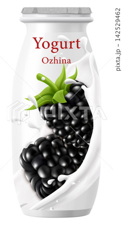 Plastic bottle with drinkable blackberry yogurt with Foil Cap. Dairy product. blackberry -flavored yogurt. Closed jar for fermented milk food. White container mockup. Realistic 3D vector design Plastic bottle with drinkable blackberry yogurt with Foil Cap. Dairy product. blackberry -flavored yogurt. Closed jar for fermented milk food. White container mockup. Realistic 3D vector design 142529462