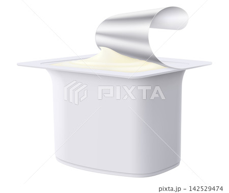 Plastic packages with yogurt. Dairy sour cream with open foil lid, cap isolated on white background with clipping path. Realistic 3d rendering Plastic packages with yogurt. Dairy sour cream with open foil lid, cap isolated on white background with clipping path. Realistic 3d rendering 142529474
