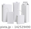 Set of Juice or milk carton boxes mockup with drinking straw isolated on a white background. Juice packaging. Realistic 3d rendering. Template of cardboard package for juice. Vector Illustration 142529490