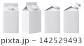 Set of white carton packs for milk or juice with plastic cap, Yogurt or kefir pack. Vector realistic 3d mockup of cardboard boxes for liquid dairy products and beverage isolated on background. 142529493