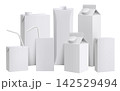 Set of Juice or milk carton boxes mockup with drinking straw isolated on a white background. Juice packaging. Realistic 3d rendering. Template of cardboard package for juice. Vector Illustration 142529494