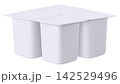 Blank pack of four yogurt packaging. Mockup dessert plastic container isolated on white background with clipping path. Realistic 3d rendering 142529496