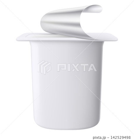 Plastic packages with yogurt. Dairy sour cream with foil lid, cap isolated on white background with clipping path. Realistic 3d rendering 142529498