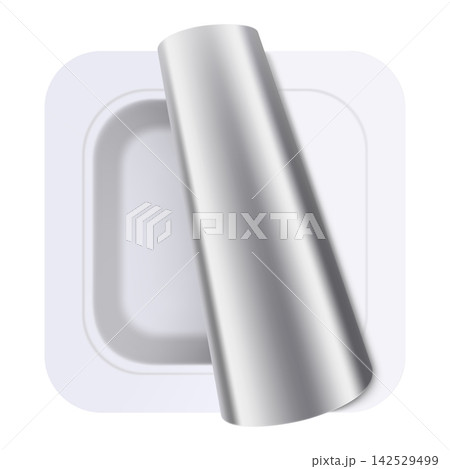 Plastic packages with yogurt. Dairy sour cream with open foil lid, cap isolated on white background with clipping path. Realistic 3d rendering Plastic packages with yogurt. Dairy sour cream with open foil lid, cap isolated on white background with clipping path. Realistic 3d rendering 142529499