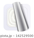 Plastic packages with yogurt. Dairy sour cream with open foil lid, cap isolated on white background with clipping path. Realistic 3d rendering 142529500