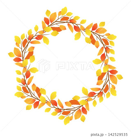 Round frame made of autumn beech branch. Orange and yellow elm leaves in wreath. Vector illustration of falling leaves. Template for seasonal discounts offers. Stylized branch for Thanksgiving. 142529535