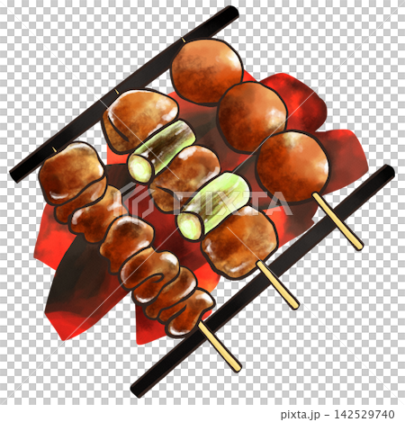 Illustration of yakitori grilled over charcoal, with sauce (chicken skin, chicken and green onion, chicken meatballs) Illustration of yakitori grilled over charcoal, with sauce (chicken skin, chicken and green onion, chicken meatballs) 142529740