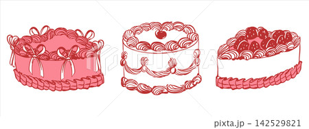 A set of vector cakes. Vintage style desserts with strawberries, cherries, and cream. Perfect for weddings, birthdays, or Valentine's Day. Suitable for invitations and cards in the Coquette style. A set of vector cakes. Vintage style desserts with strawberries, cherries, and cream. Perfect for weddings, birthdays, or Valentine's Day. Suitable for invitations and cards in the Coquette style. 142529821