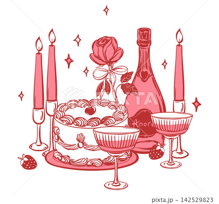 Valentine's Day gifts. Vector clip art. A romantic evening with bottle champagne. Glasses of wine, love letter, and a coquette style rose. Birthday presents. Illustration for congratulations, posters. Valentine's Day gifts. Vector clip art. A romantic evening with bottle champagne. Glasses of wine, love letter, and a coquette style rose. Birthday presents. Illustration for congratulations, posters. 142529823