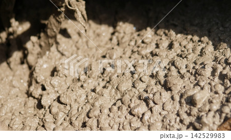 Closeup of thick wet mud with uneven lumps, glossy moisture, earthy brown color, and shallow focus, with mud, soil, earth, dirt detail, showing wet, clay, sludge, muck context Closeup of thick wet mud with uneven lumps, glossy moisture, earthy brown color, and shallow focus, with mud, soil, earth, dirt detail, showing wet, clay, sludge, muck context 142529983