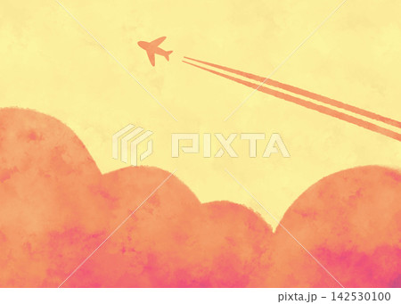 水彩風の可愛いふわふわ雲と飛行機のイラスト　夕焼け 142530100