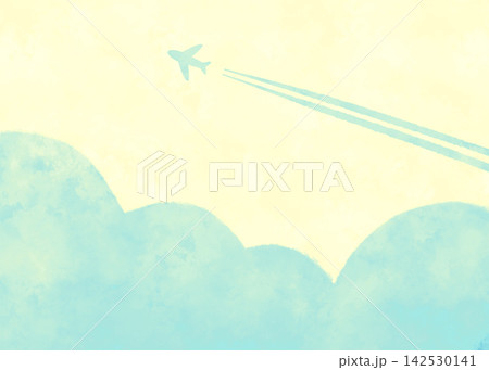水彩風の可愛いふわふわ雲と飛行機のイラスト 水色と黄色 水彩風の可愛いふわふわ雲と飛行機のイラスト 水色と黄色 142530141