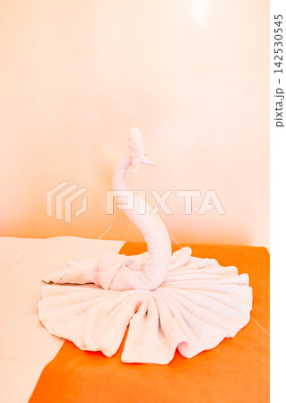 swan folded out of towels on hotel bed 142530545