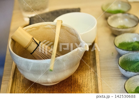 Matcha tea ceremony utensils and green tea powder bowls Matcha tea ceremony utensils and green tea powder bowls 142530688