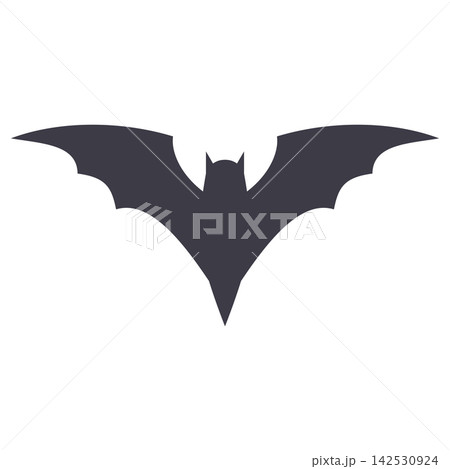 Flat style sticker illustration of a black bat silhouette isolated on transparent background. Spooky flying creature clip art graphic icon element for halloween seasonal design project. 142530924