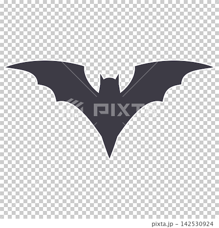 Flat style sticker illustration of a black bat silhouette isolated on transparent background. Spooky flying creature clip art graphic icon element for halloween seasonal design project. 142530924