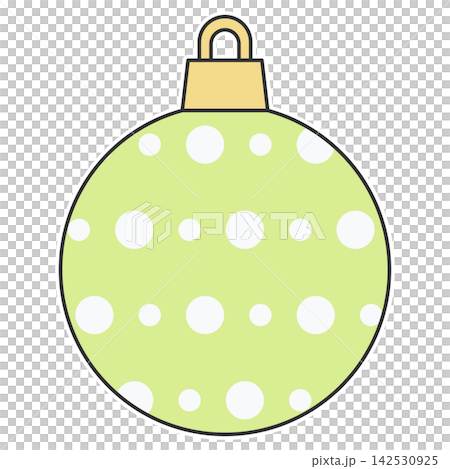 Flat style sticker illustration of a light green polka dot christmas bauble isolated on transparent background. Festive holiday tree hanging ornament clip art graphic icon element for xmas asset. Flat style sticker illustration of a light green polka dot christmas bauble isolated on transparent background. Festive holiday tree hanging ornament clip art graphic icon element for xmas asset. 142530925