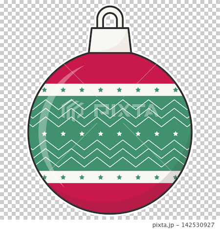 Flat style sticker illustration of a red and green patterned christmas bauble isolated on transparent background. Festive holiday tree hanging ornament clip art graphic icon element for xmas asset. Flat style sticker illustration of a red and green patterned christmas bauble isolated on transparent background. Festive holiday tree hanging ornament clip art graphic icon element for xmas asset. 142530927