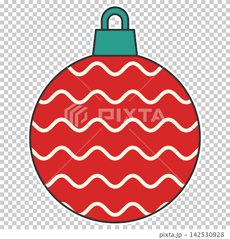 Flat style sticker illustration of a red wavy patterned christmas bauble isolated on transparent background. Festive holiday tree hanging ornament clip art graphic icon element for xmas asset. Flat style sticker illustration of a red wavy patterned christmas bauble isolated on transparent background. Festive holiday tree hanging ornament clip art graphic icon element for xmas asset. 142530928