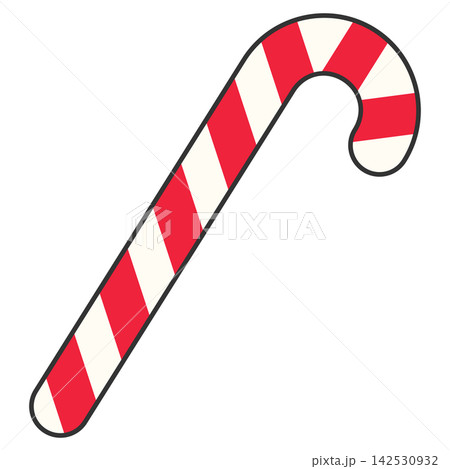 Flat style sticker illustration of a red and white striped christmas candy cane isolated on transparent background. Festive peppermint sweet treat clip art graphic icon element for xmas asset. 142530932