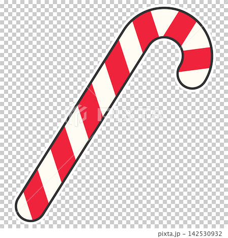 Flat style sticker illustration of a red and white striped christmas candy cane isolated on transparent background. Festive peppermint sweet treat clip art graphic icon element for xmas asset. 142530932